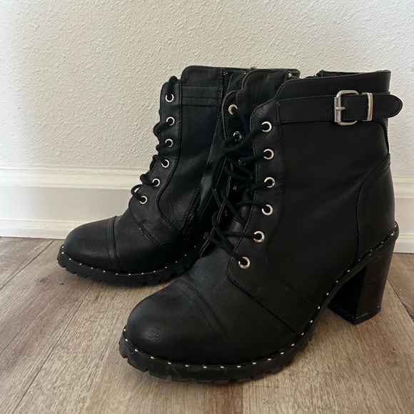 Black Studded Combat Heeled Booties - Picture 2 of 5